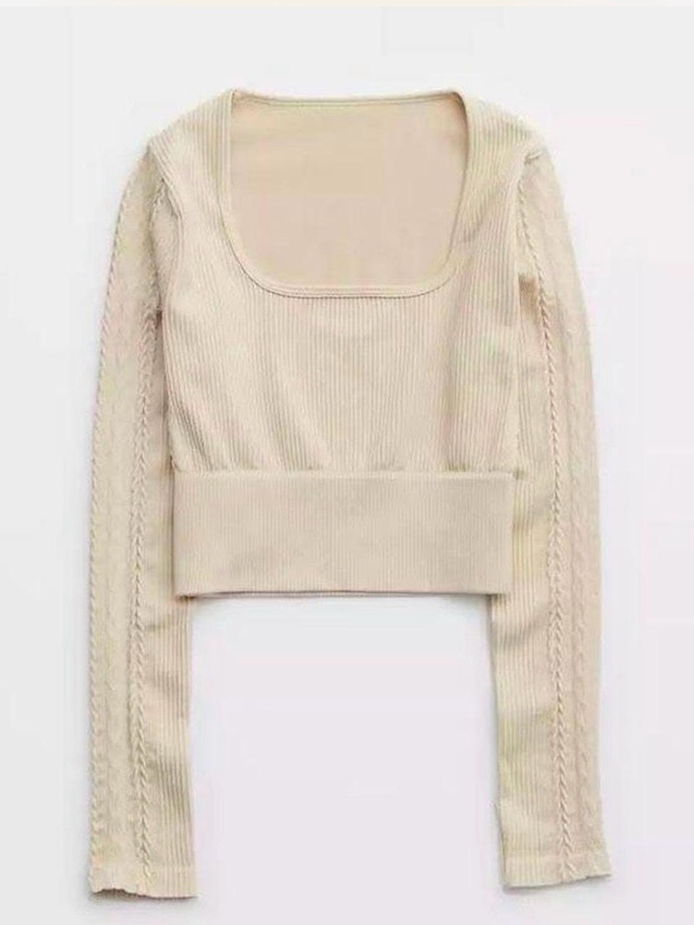 Offline by Aerie Seamless Cable Square Neck T-shirt Crop Top in Oat size Small